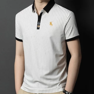 kcloset - เสื้อโปโลผู้ชายแขนสั้นลายทางสไตล์ลำลอง ทำจากผ้าไหมน้ำแข็ง