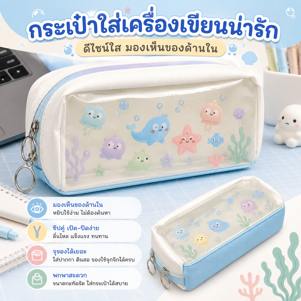 กระเป๋าดินสอ เครื่องเขียน ลายปลาตัวตลกน่ารัก กันน้ํา สีโปร่งใส สร้างสรรค์ สําหรับโรงเรียน