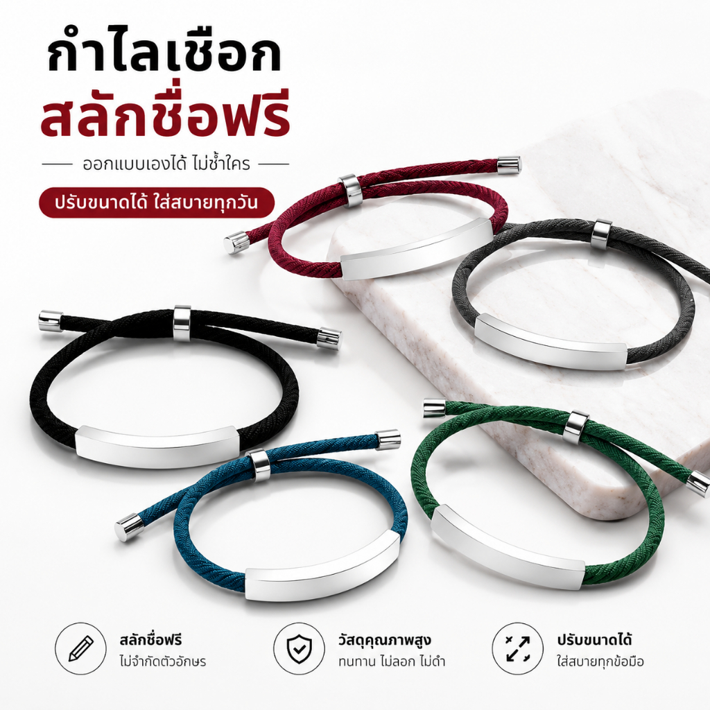 กำไลคู่สลักชื่อฟรี ดีไซน์เรียบหรู ปรับขนาดได้ ใส่ได้ทุกวัน วัสดุสแตนเลสทนทาน กันน้ำ ไม่เป็นสนิม เหมาะสำหรับคู่รัก ของขวั