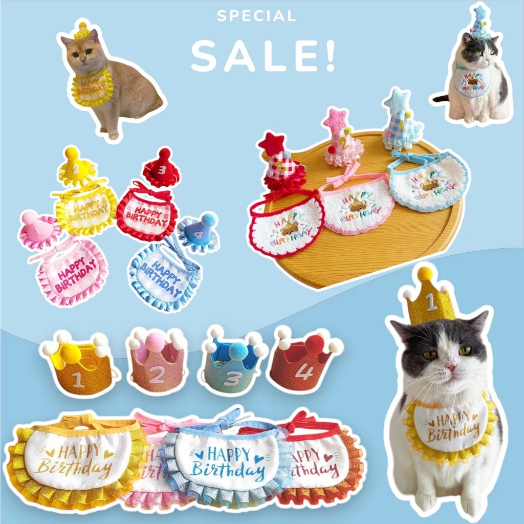 (A07-3)(ได้ทั้งชุด พร้อมส่ง!!) ผ้ากันเปื้อนสัตว์เลี้ยงงานปัก ปลอกคอ HBD+มีเลขอายุพร้อมหมวกปรับสายได้ น่ารักมากๆ