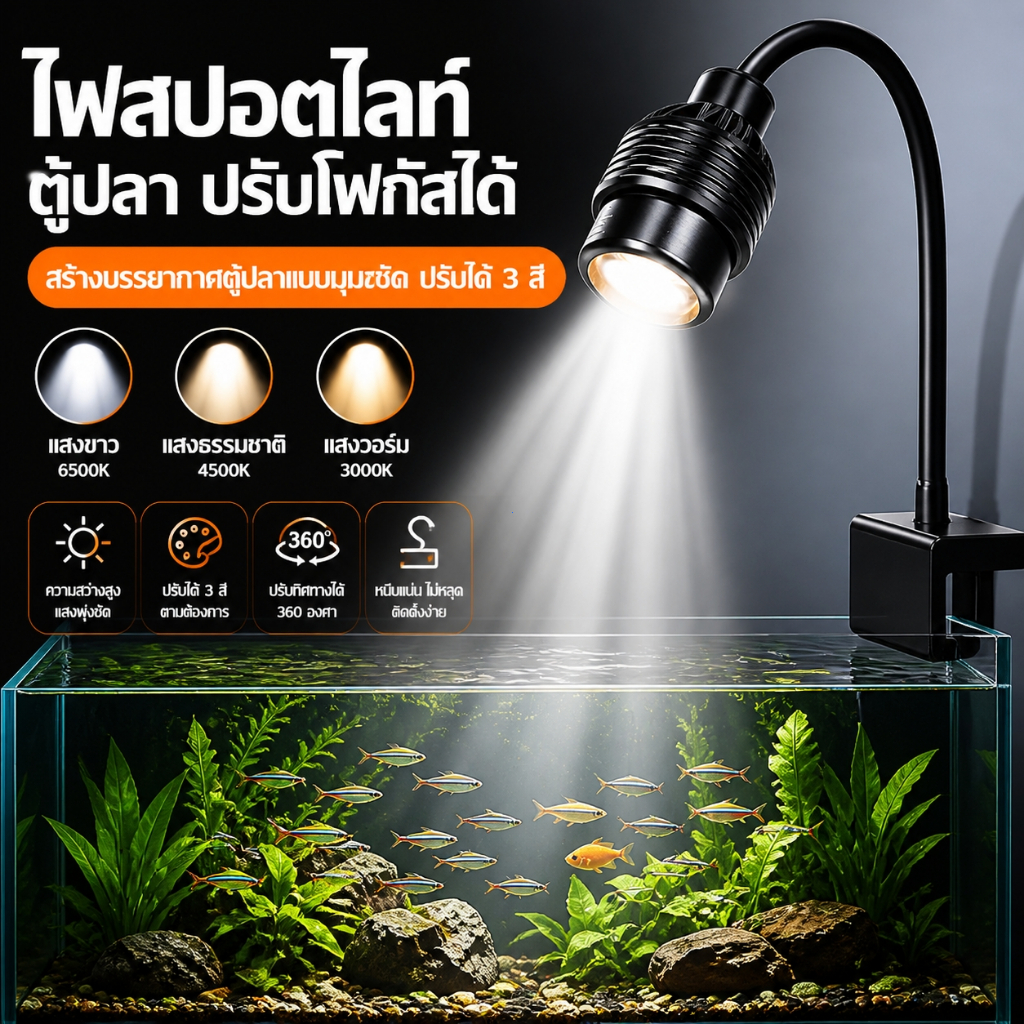 ไฟสปอตไลท์ตู้ปลา LED ปรับโฟกัสได้ 3 สี โคมไฟตู้ปลา COB แสงขาว/เหลือง/ผสม ปรับมุมได้ ไฟตู้ปลาแต่งตู้สไตล์อเมซอน ประหยัดไฟ