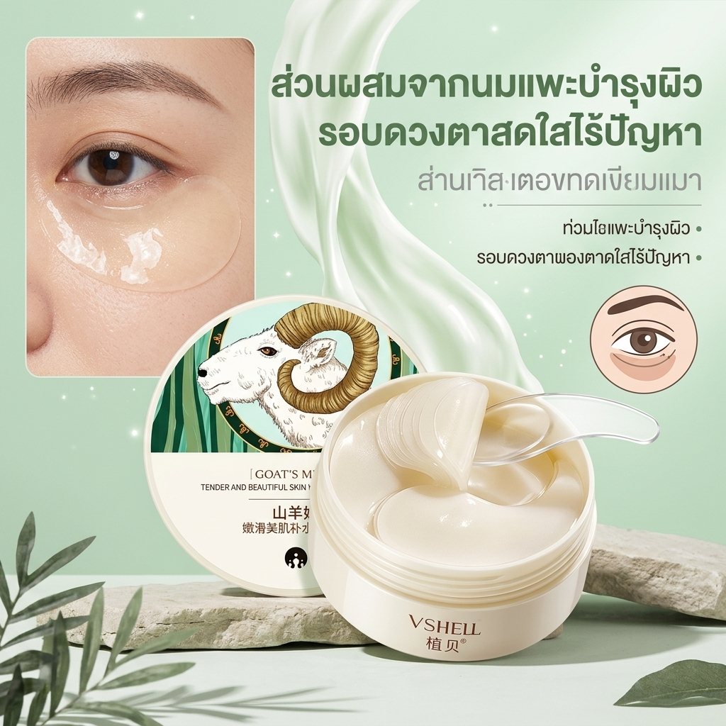 VSHELLมาร์คใต้ตา น้ำนมแพะ ผสมไฮยาลูโรนิก มาร์คนมแพะ กระปุก 60 แผ่น มาร์คขอบตาคล้ำ ร่องแก้ม ลำคอ