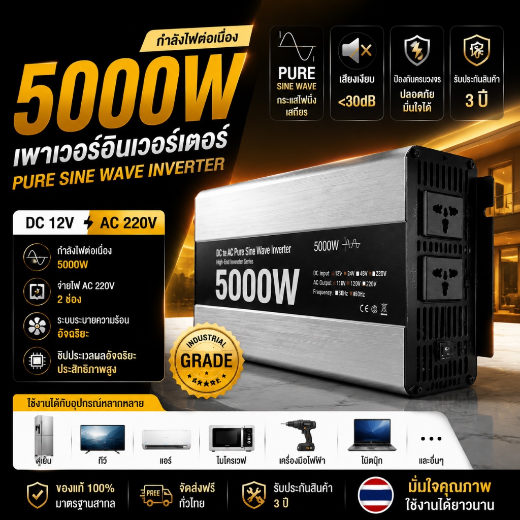 รุ่นใหม่ 2026 อินเวอร์เตอร์เพียวซายเวฟ 5000W 12V/24V/48V Pure Sine Wave เครื่องแปลงไฟ DC TO AC220V หน้าจอดิจิตอล สำหรับโ