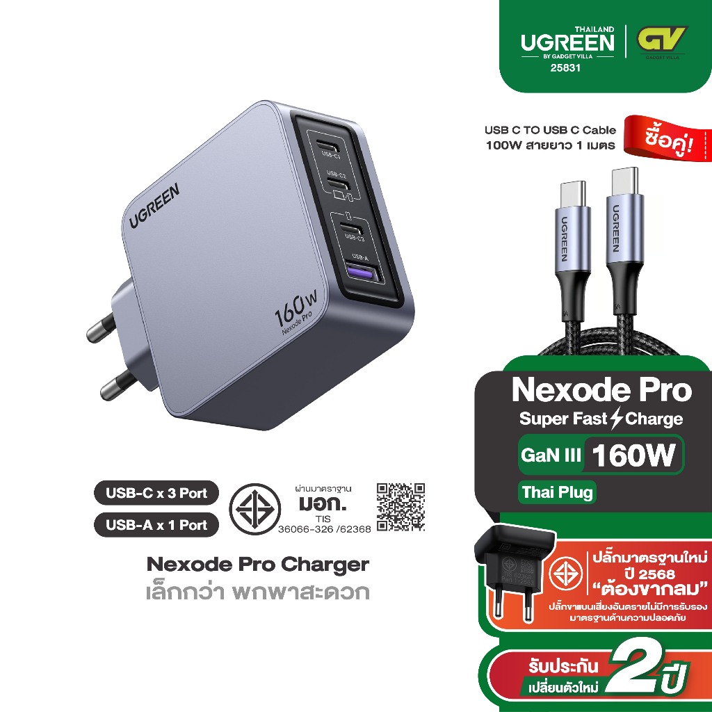 UGREEN Nexode Pro 100-160W 4-Port GaN อะแดปเตอร์ หัวชาร์จ Super Fast Charging 4in1