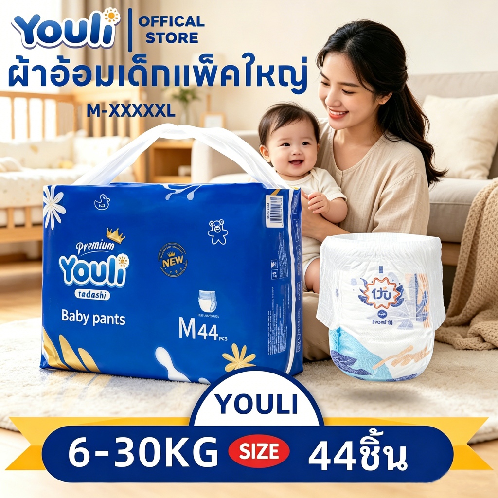YOULI 44ชิ้น แพมเพิสเด็ก ผ้าอ้อม กางเกง นุ่ม บางเบา ชิ้น ผ้าอ้อมเด็ก กางเกง แบบเทป M-5XL BABY DIAPER PANTS