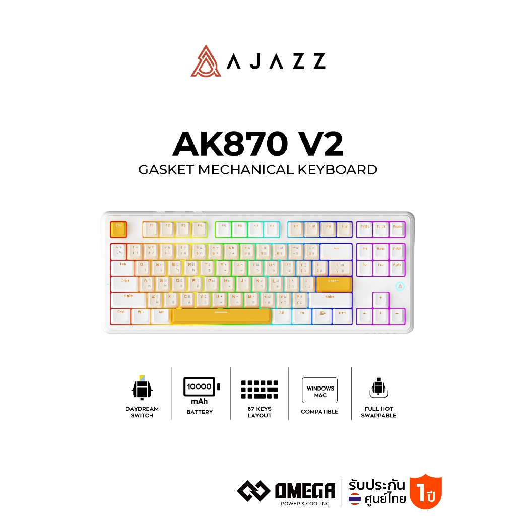คีย์บอร์ดเกมมิ่ง Ajazz AK870 V2 10,000mAh Tri-Mod Gasket Mechanical Keyboard รับประกัน 1 ปี