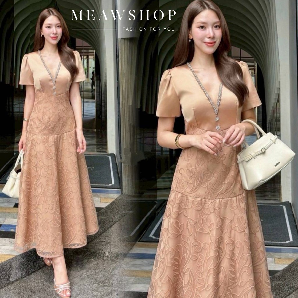 S-3XL เดรสยาวคอวีผ้าเรียบ ตัดต่อลูกไม้ ติดคริสตัลเพชร ดีเทลเก๋หรูหรา คัตติ้งดี ชุดออกงาน ไปงาน ชุดสาวอวบ อ้วน prd