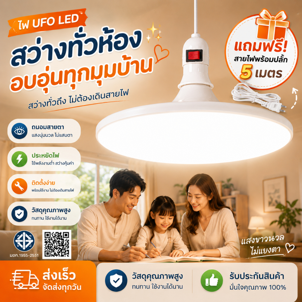 หลอดไฟยูเอฟโอLEDพร้อมขั้ว สายไฟ 5เมตร คุณภาพสูง หลอดไฟUFO วัตต์เต็ม ขาว วอร์ม ใช้ในบ้าน ตลาดขายของ ถนอมสายตา