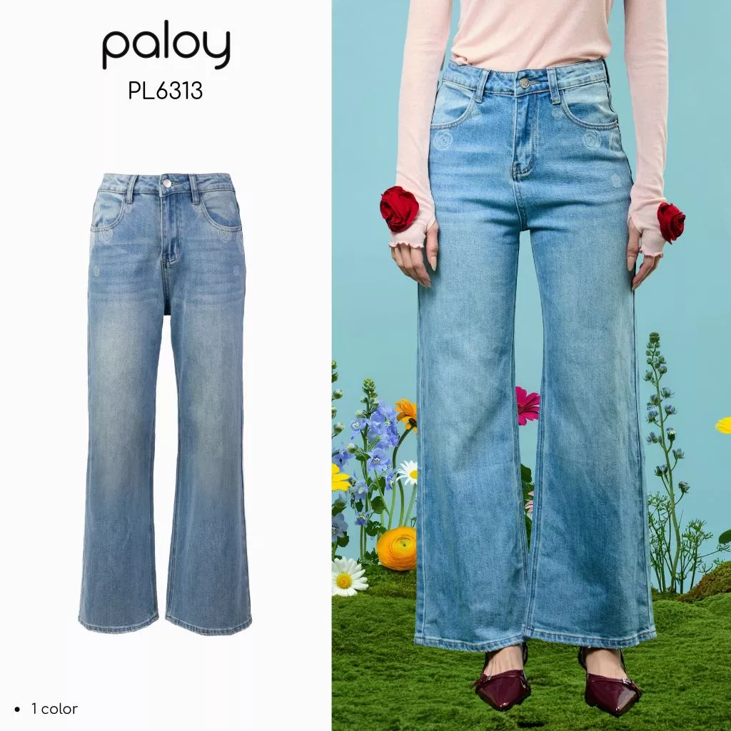 Paloy - PL6313 Camellia Jeans กางเกงยีนส์ขายาว ทรงกระบอก พิมพ์ลายดอกคาร์มิเลีย ผ้ายืดใส่สบาย (Camellia Days)