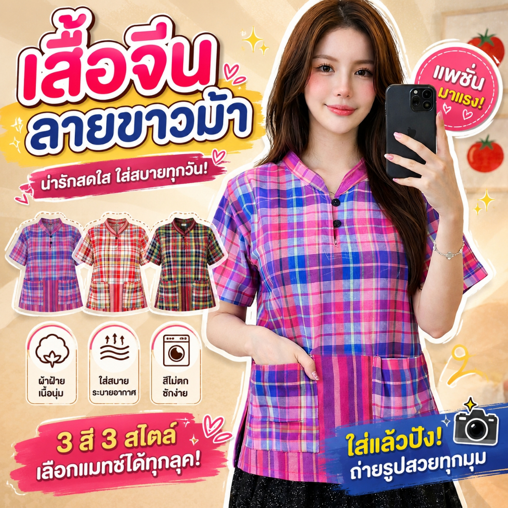 เสื้อขาวม้า - คอจีนลายสก็อดลายตารางใหญ่