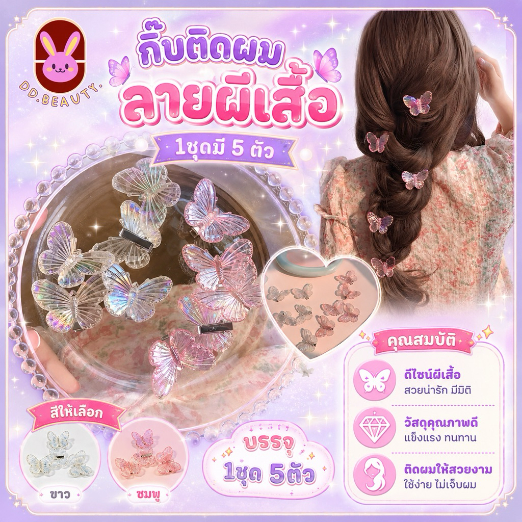 [พร้อมส่งจากไทย🇹🇭 มีส่งด่วน] กิ๊บติดผม ลายผีเสื้อ1ชุดมี5ตัว  สำหรับผู้หญิง เครื่องประดับน่ารัก สวยงาม