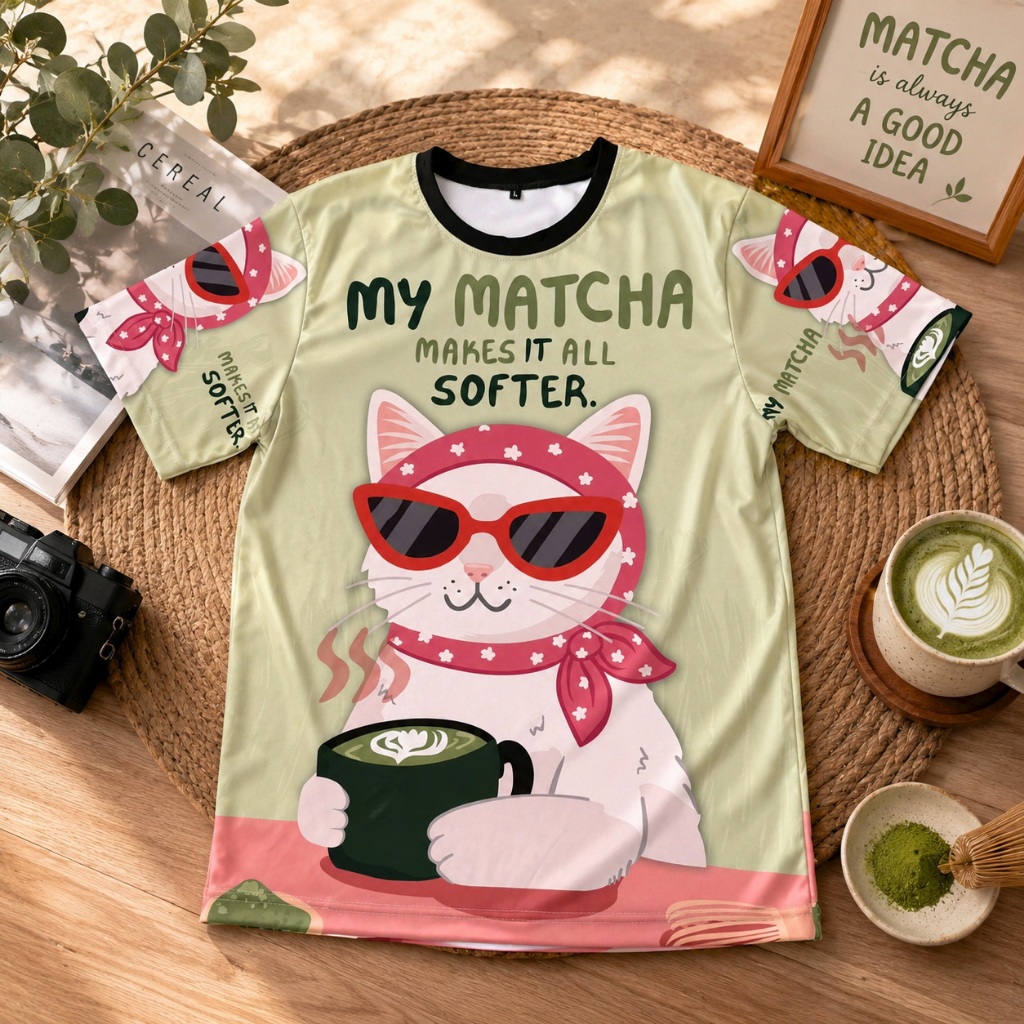 (ลายใหม่)เสื้อยืดพิมพ์ลาย My Matcha Cat เสื้อแฟชั่นพาสเทล ลายแมวน่ารักสไตล์เกาหลี