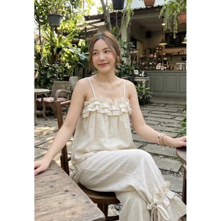 T35901เสื้อสายเดี่ยว/กางเกงขายาวทรงจินนี่ผ้าลินิน