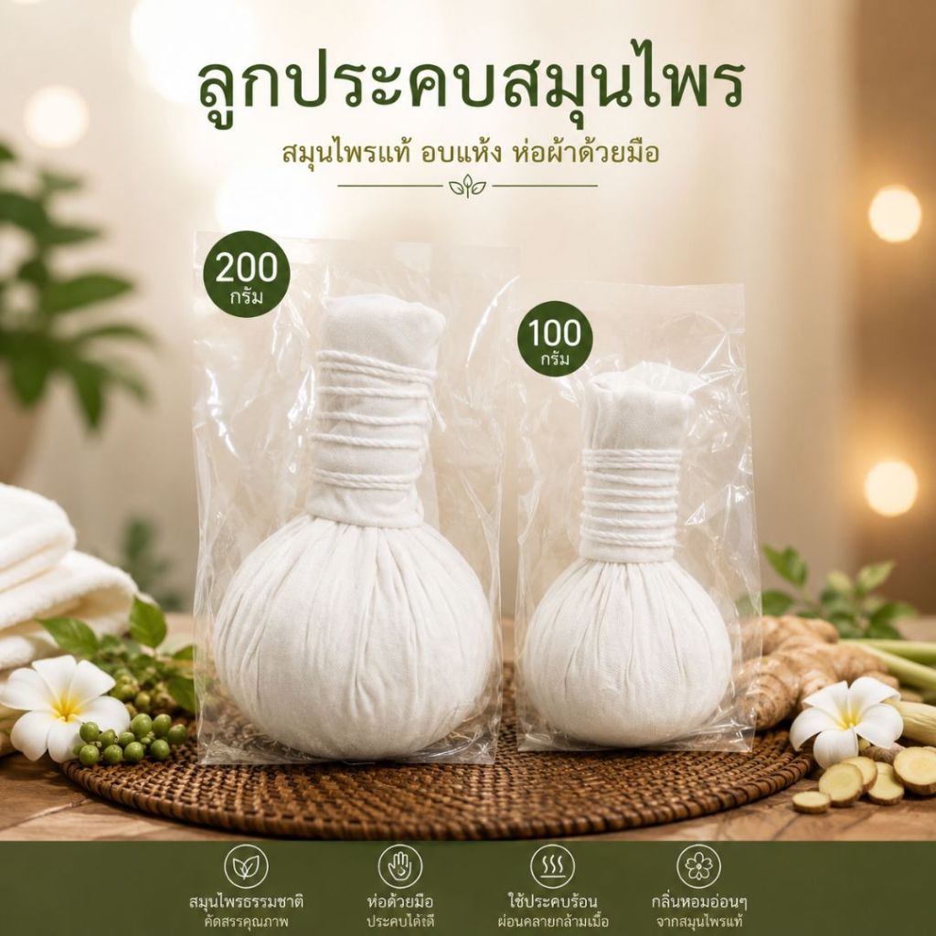 ลูกประคบสมุนไพร กลิ่น หอม หลายชนิด (แบบไม่ติดฉลาก) มี 2 ขนาดให้เลือก 100กรัม หรือ 200กรัม