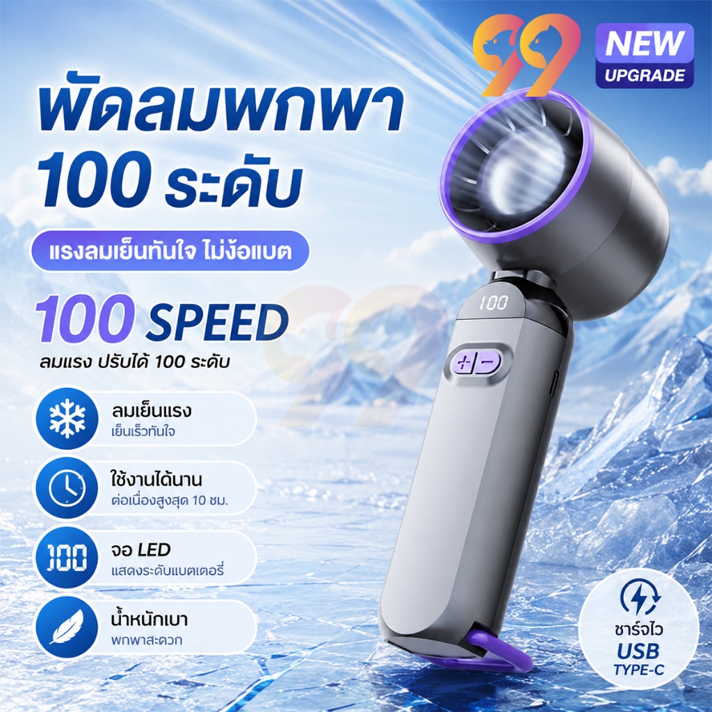พัดลมมือถือ Turbo 100 ระดับ ลมแรงเย็นเร็ว หน้าจอ LED ชาร์จ USB Type-C พกพาสะดวก แบตอึด ใช้งานได้ทั้งวัน