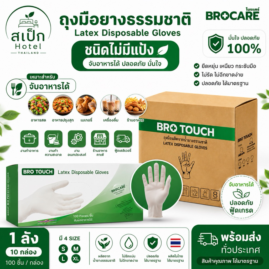 ถุงมือ Latex ไม่มีแป้ง (ยกลัง 10 กล่อง) ยี่ห้อBrotouch