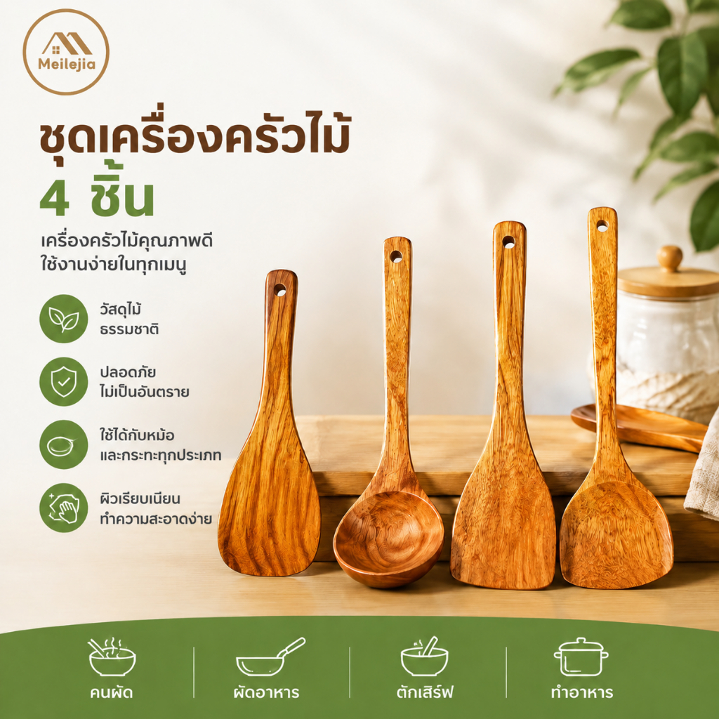 ชุดเครื่องครัวไม้ 4 ชิ้น ทนความร้อน ใช้ได้กับทุกหม้อกระทะ ด้ามจับถนัดมือ ทำอาหารง่าย ใช้งานได้ทุกวัน