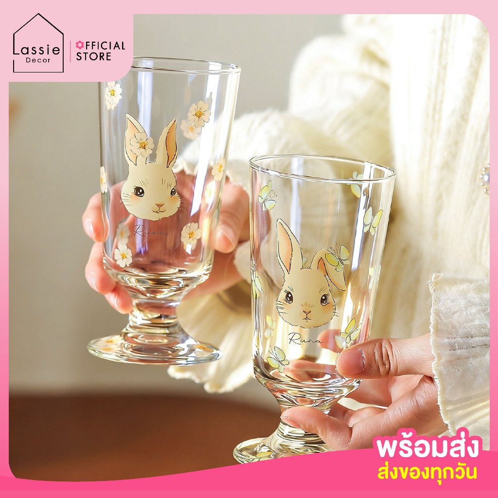 🥛🌸 แก้วไวน์ใส Rabbit Fairy แก้วน่ารักสไตล์คาเฟ่ ฟีลคาเฟ่เกาหลี ลายดอกไม้ ใส่เครื่องดื่มถ่ายรูปหวานละมุน🐰✨