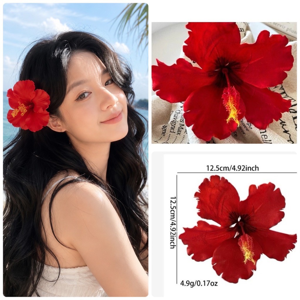 กิ๊บดอกชบาสีแดง กิ๊บริมผมดอกไม้ ( กิ๊บ ดอกชบาแดงดอกใหญ่ พลีเมี่ยม Handmade Hibiscus Flower Hair Clip – Hawaii Style