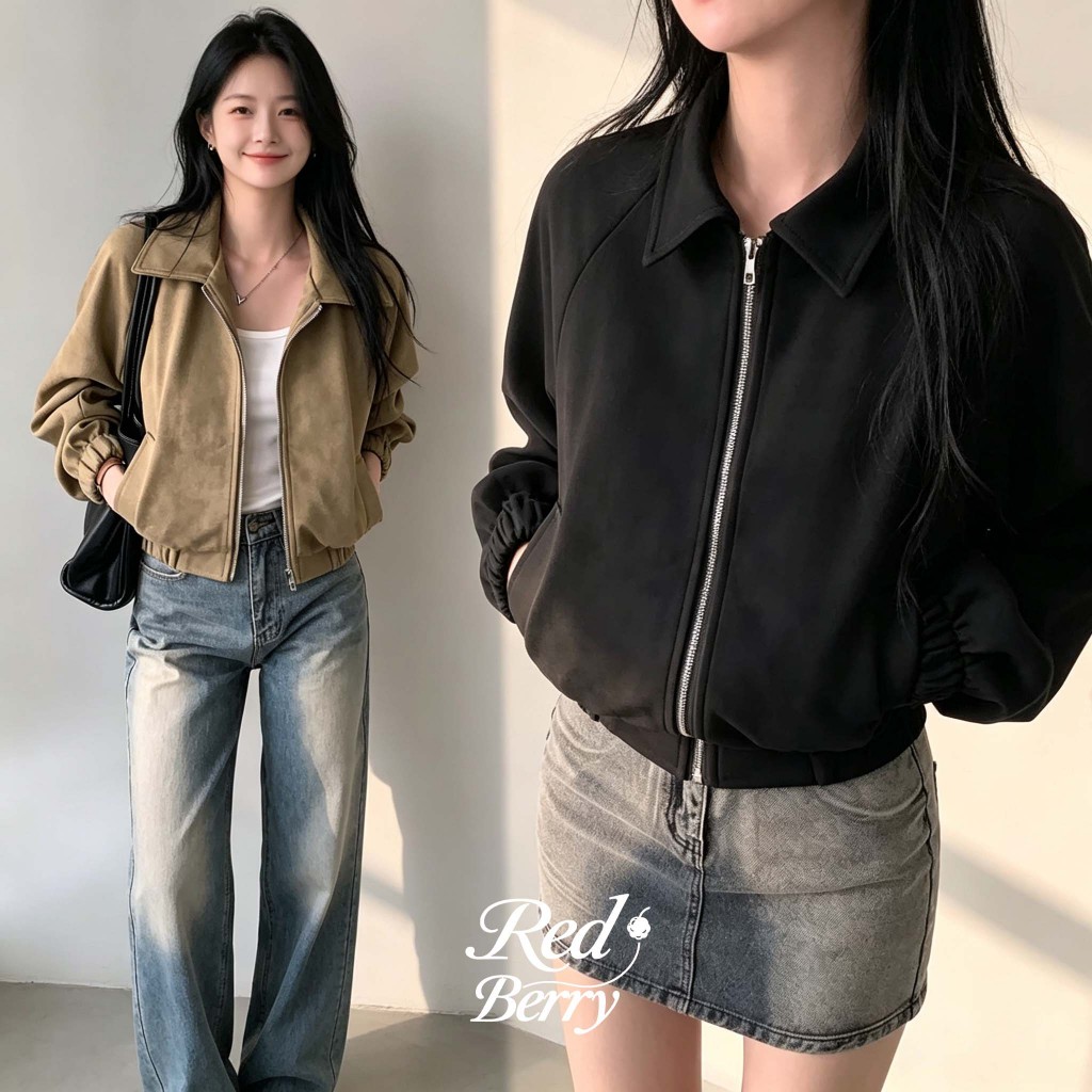 Red Berry เสื้อคลุมแขนสั้นแขนยาวสไตล์เกาหลีสำหรับผู้หญิง เหมาะสำหรับใส่ในฤดูใบไม้ร่วง มีซิป 99332