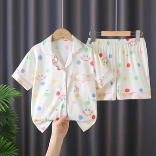 ชุดนอนเด็กคอปกแขนสั้นขาสั้นพิมพ์ลายน่ารัก SIZE110CM-150CM นื้อผ้านุ่มใส่สบาย
