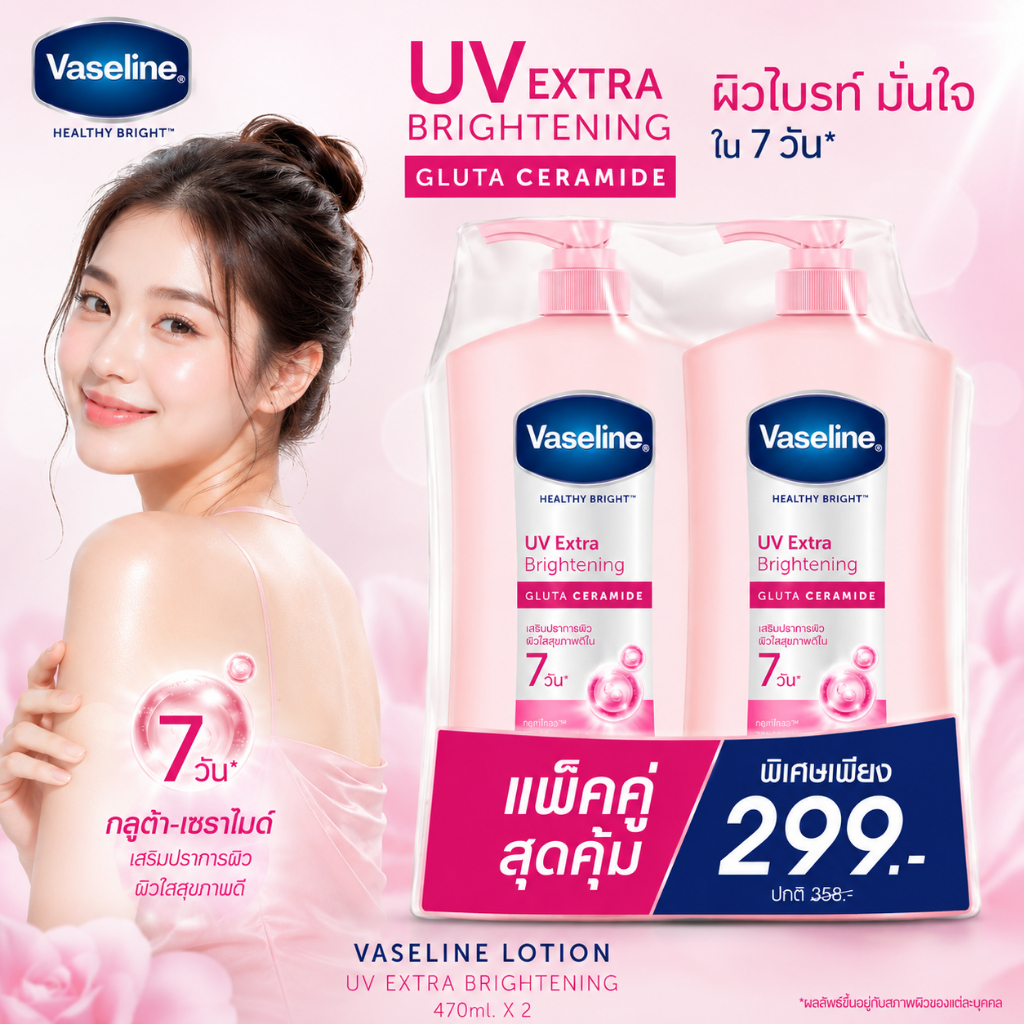( 2 ขวด)วาสลีน เฮลธี้ ไบรท์ ยูวี เอ็กซ์ตร้า ไบรท์เทนนิ่ง