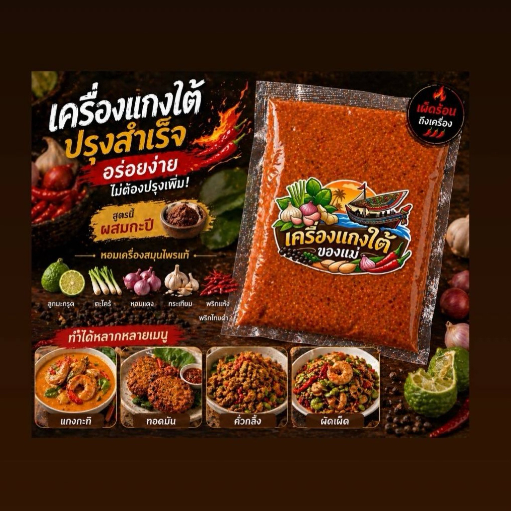 เครื่องแกงใต้ของแม่ ปรุงสำเร็จ สูตรผสมกะปิ มีความเผ็ดระดับเดียว 7/10 ไม่ติดหวาน ทำสดใหม่ผลิตแบบโฮมเมด แถมสูตรให้ในกล่อง
