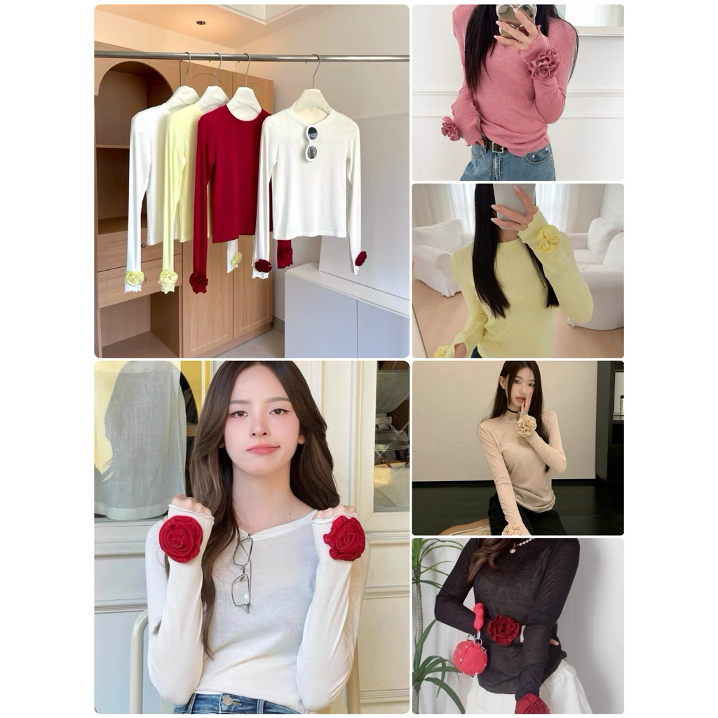 🌸🌹เสื้อแขนยาวติดดอกไม้ปลายแขนสุดฮิต ผ้าบางติดเทรนแม่คัตติ้งเนี๊ยบมากจ้า