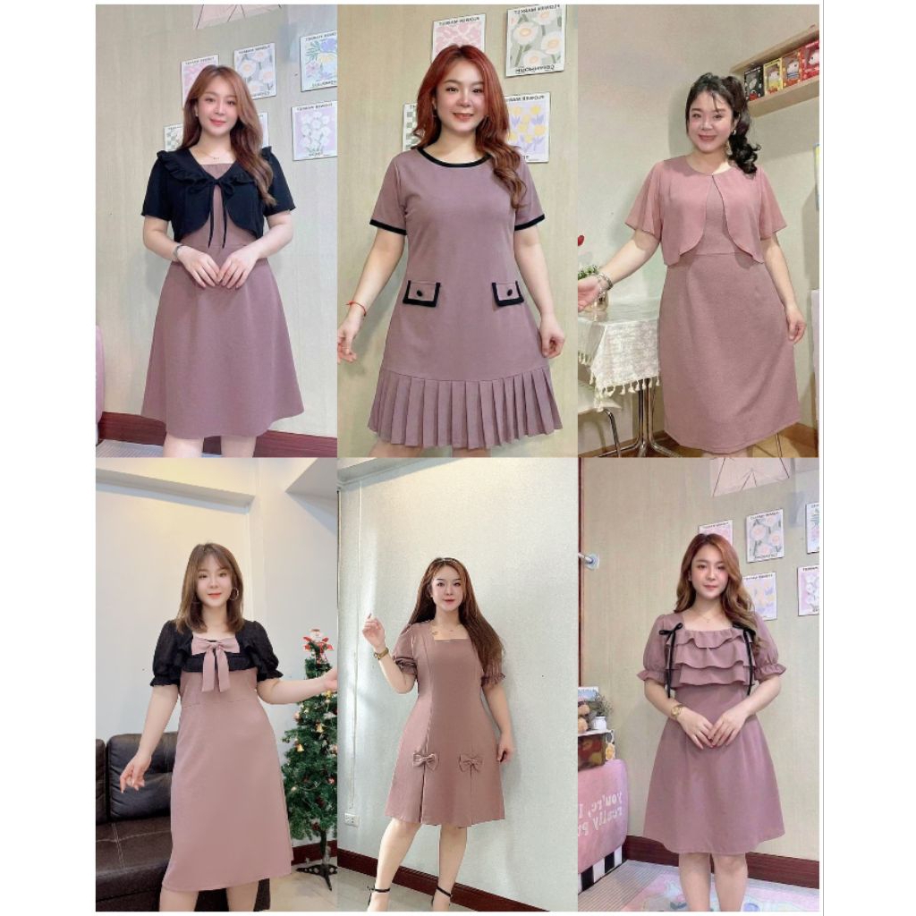 ชุดเดรสสาวอวบ ผ้ายืดวูลเวฟ  งานสีนู้ด แบบสวยๆ  น่ารักๆ รอบอก 40-48 นิ้ว