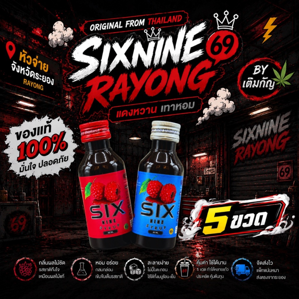 (5 ขวด)❤Sixnine Syrup 69🍒น้ำเชื่อม กลิ่นราสเบอรี่ เข้มข้น ฝาเทา ฝาแดง ขวด 60ml. พร้อมส่ง🚛💯
