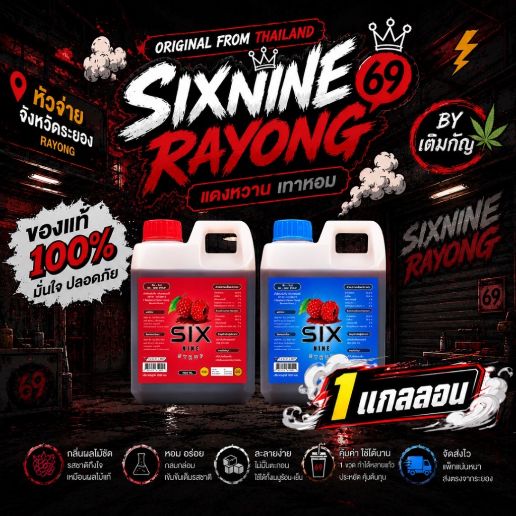 (1 แกลลอน)❤Sixnine Syrup 69🍒น้ำเชื่อม กลิ่นราสเบอรี่ เข้มข้น ฝาเทา ฝาแดง แกลลอน 1020ml. พร้อมส่ง🚛💯