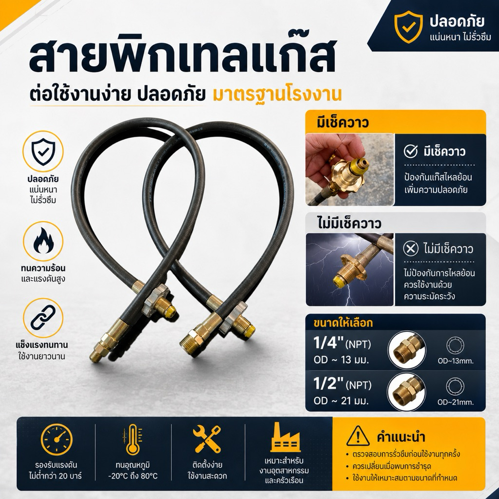 สายพิกเทลแก๊สเกรดอุตสาหกรรม ทนแรงดันสูง 28 MPa | ยางยูนีเทนกันรั่ว 100% [ มีรุ่นกันไฟย้อนให้เลือก ]