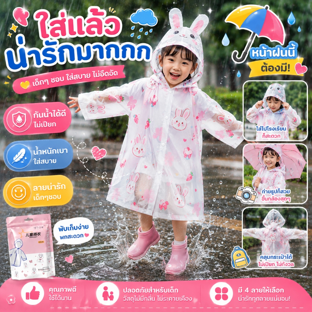 หน้าฝนนี้ต้องมี! 🌧️ เสื้อกันฝนเด็ก ลายกระต่ายสุดคิ้วท์ ใส่สบาย กันน้ำ พร้อมส่งจากไทย