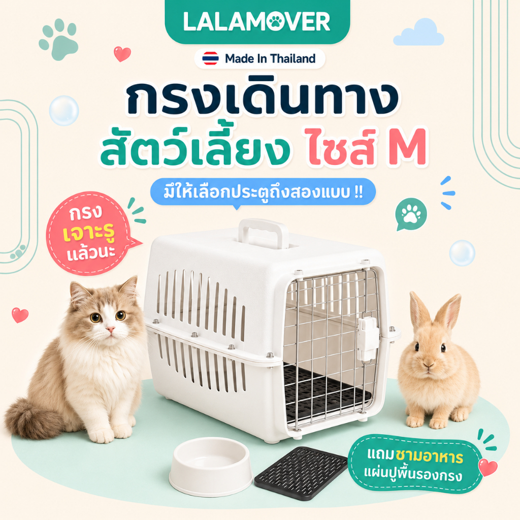 Lalamover กรงหิ้วสัตว์เลี้ยง กรงเดินทางไซส์M ประตู 2รุ่น ( แถม ชามอาหาร ชามเกี่ยวกรง แผ่นปูพื้น )