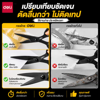Deli กรรไกร กรรไกรตัดกระดาษ ใบมีดสีดำ ทำจากสแตนเลส ตัดไม่ติด ตัดลื่น กันน้ำได้ ใช้ในบ้าน ออฟฟิศ​