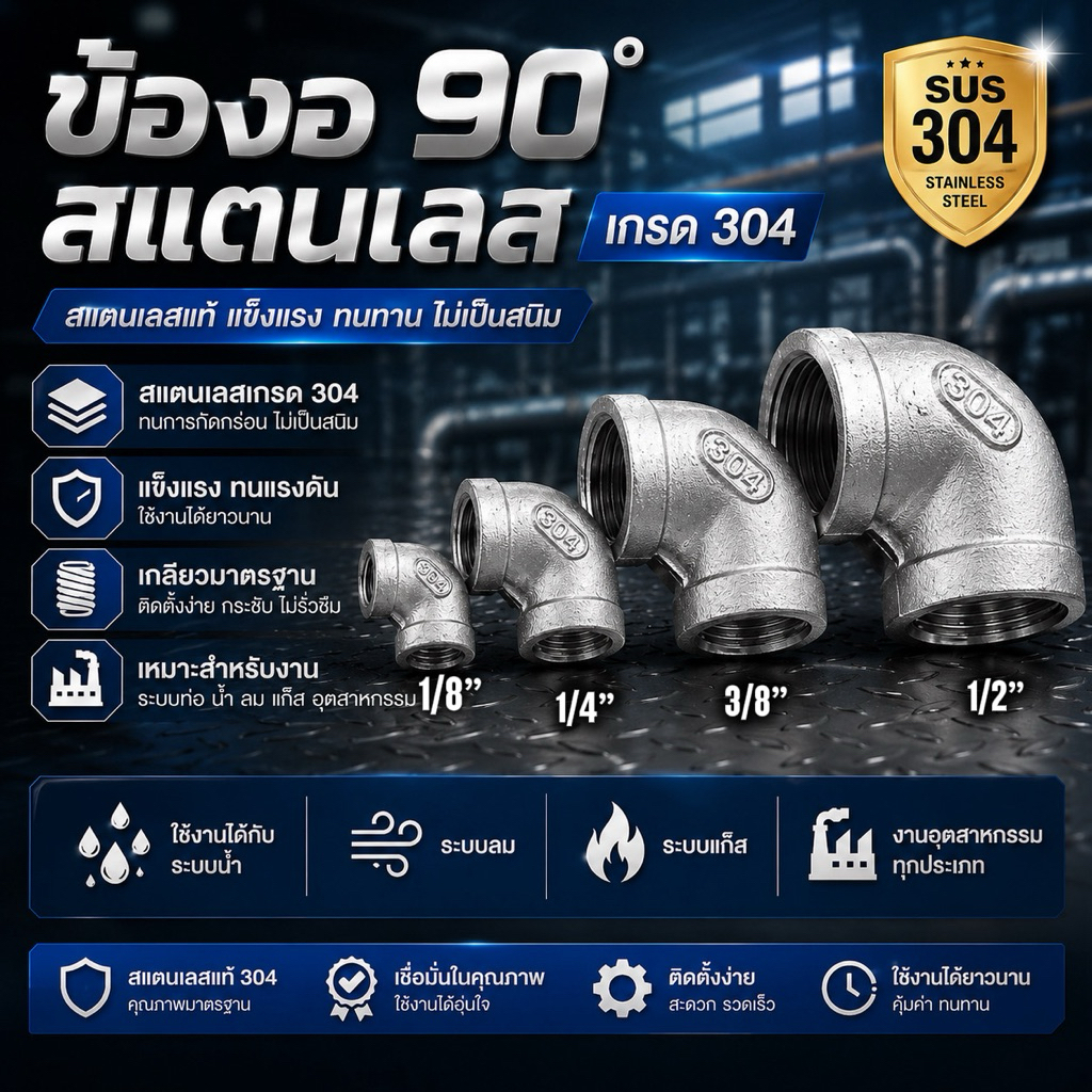 SS ข้อต่อท่อสแตนเลส 304 ขนาด 1/8" 1/4" 3/8" 1/2" 3/4" BSP ลดขนาดเกลียวใน ข้องอ 90 องศา 1/8" 1/4" 3/8