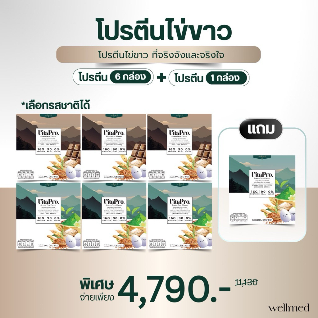 อร่อย🔥โปรตีนไข่ขาว Vitapro 6 กล่อง แถม 1 กล่อง ไม่มีน้ำตาล โปรตีนสูง 16 กรัม ดูแลสุขภาพ แบรนด์ Wellm