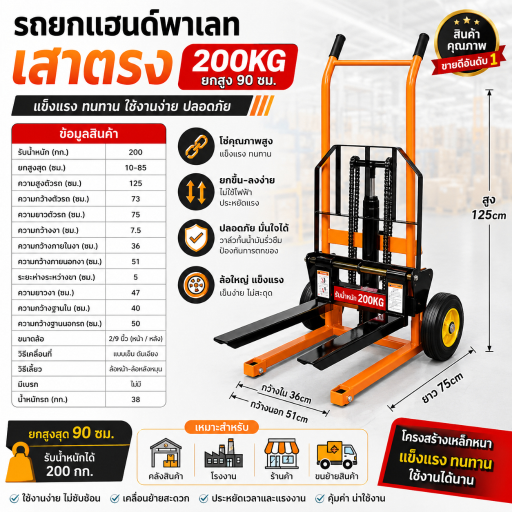 รถยกแฮนด์พาเลท 200KG แบบเสาตรง ยกสูง เคลื่อนย้ายง่าย สำหรับคลังสินค้า โรงงาน