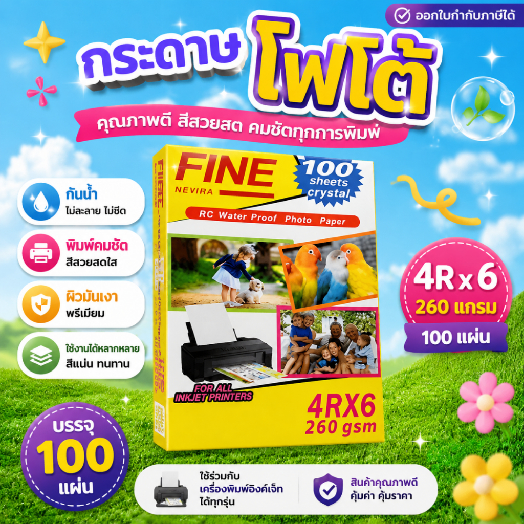 [ส่งด่วน] กระดาษโฟโต้  กันน้ำ ขนาด 4x6 นิ้ว หนา 260g บรรจุ 100 แผ่น