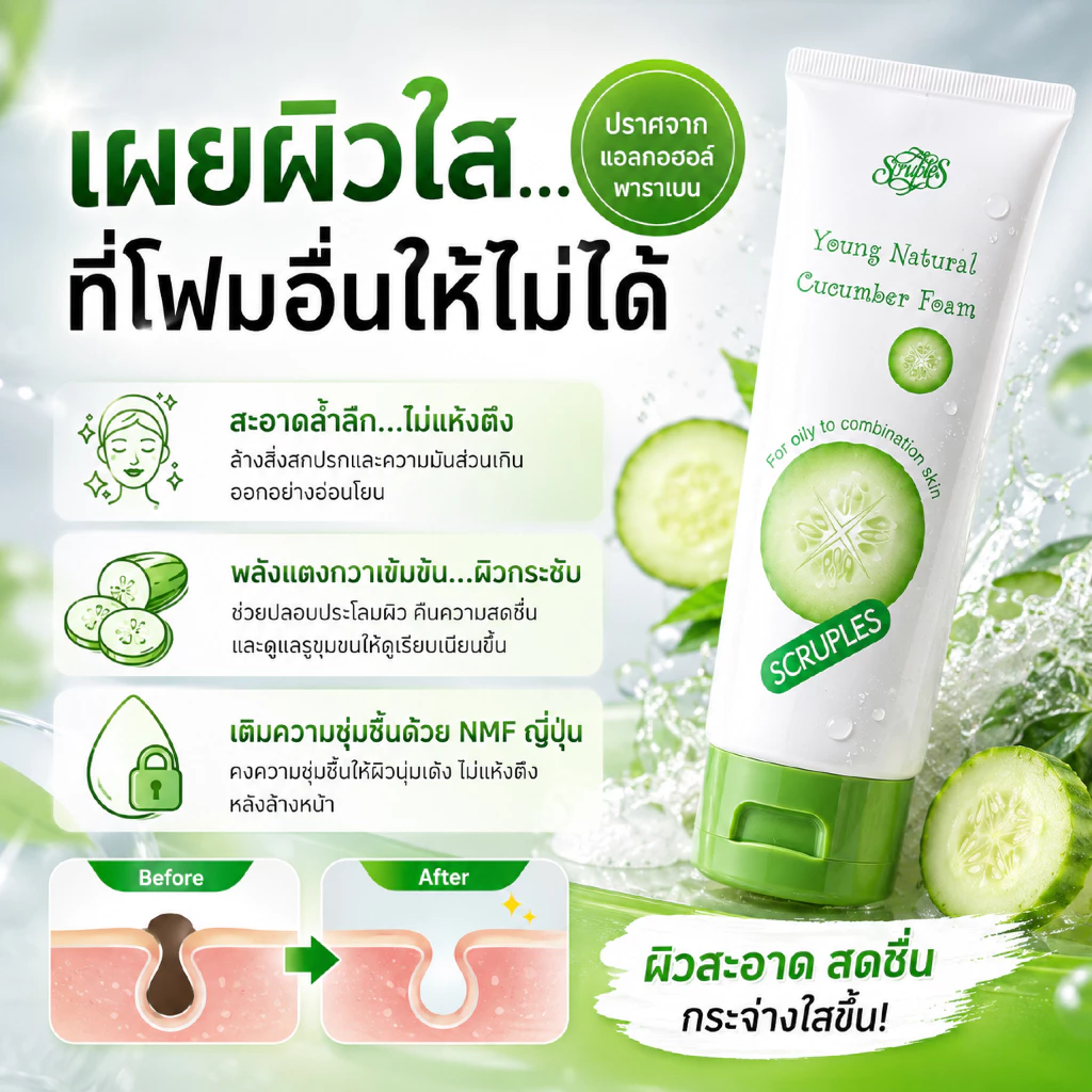 Scruples Young Natural Cucumber Foam 120g สครูเพิลส์ โฟมล้างหน้าแตงกวา ผิวกระชับ ล้างสะอาดล้ำลึก ไม่แห้งตึง SCB-3011X