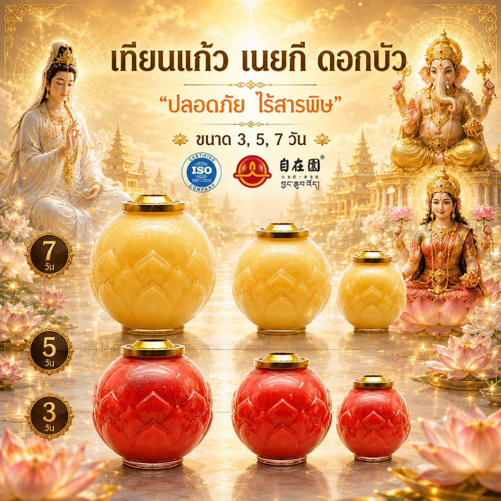 Free Garden เทียนแก้ว เนยกี ลายดอกบัว ขนาด 3, 5, 7 วัน สีแดง / สีเหลือง เกรดพรีเมียมจากจีน