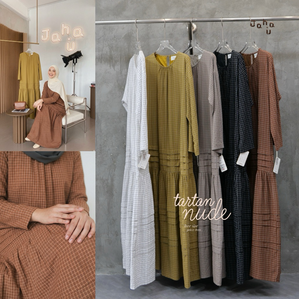 JAHA.U•NEW• COTTON DRESS • TarTan Nude ใหม่พร้อมส่ง เสื้อเดรสลายสก็อต ดีเทลเป็นจีบๆและระบาย เก๋มาก เนื้อผ้าคอตตอนฟรีไซส์