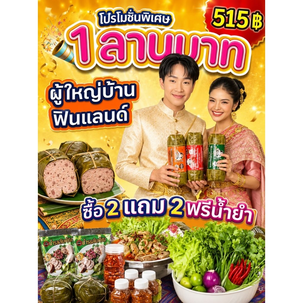 จัดโปรลดล้านแตก ซื้อ 2 แถม 2 ฟรีน้ำยำ พิเศษ 515฿ หมูยอเยาวภาขนาดแท่งละ 500 กรัม ส่งตรงจากเจ้าของโรงงานอุบลแท้ 100%