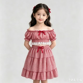 BB291 ชุดเซ็ตแฟชั่นเด็กผู้หญิง ลายสก็อตแดงขาว ใส่ถ่ายรูปสวย