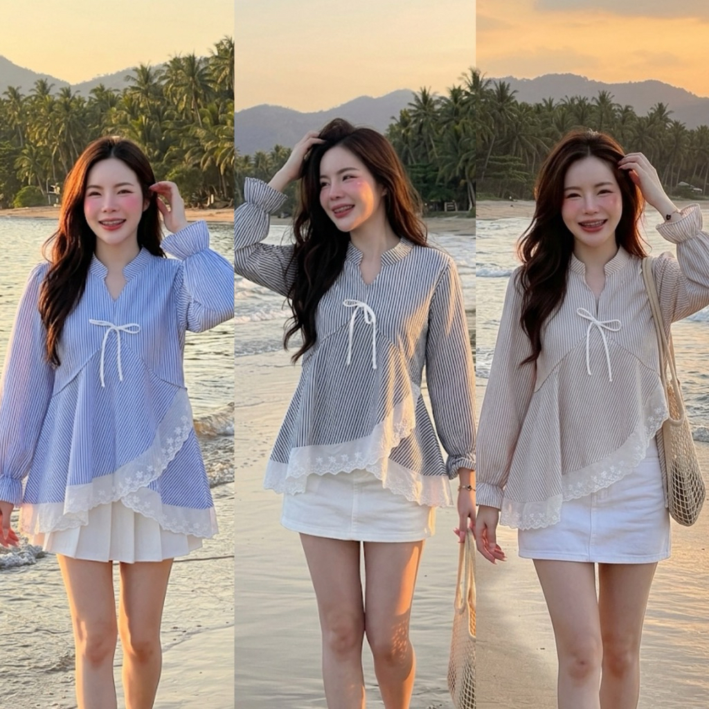 เสื้อคอจีนแต่งชายระบายลูกไม้แฟชั่นสาวอก32-50นิ้วใส่ได้ ลงตรงไซส์ไม่เผื่อไซส์