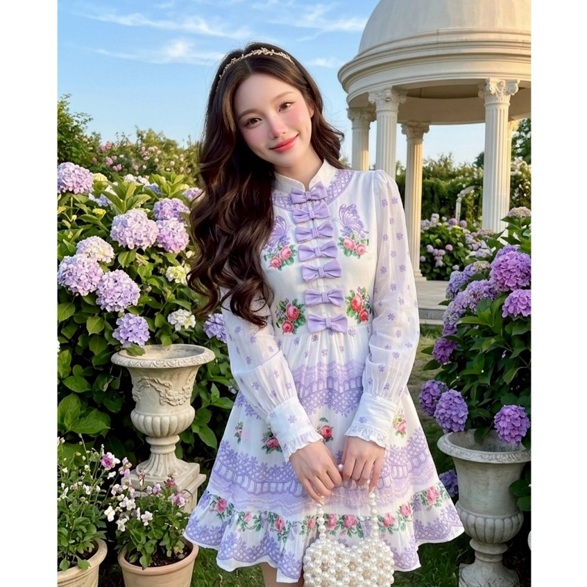 (มี3XL) Maria Diamond สีขาวม่วง Anyarin Vintage Dress เดรสสั้นผ้าไหมชีฟองกลิตเตอร์พิมพ์ลายแต่งโบว์หน้าทรงสวย แขนยาว