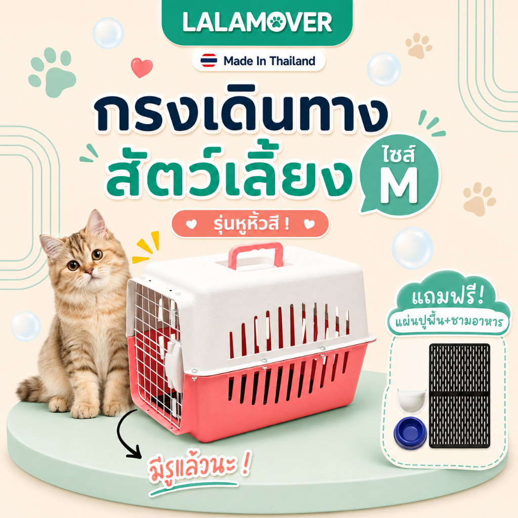 Lalamover กรงหิ้วหมา กรงหิ้วแมว(หูหิ้วสีเดียวกับกรง)(แถม ชามอาหาร ชามเกี่ยวกรง แผ่นปูพื้น )