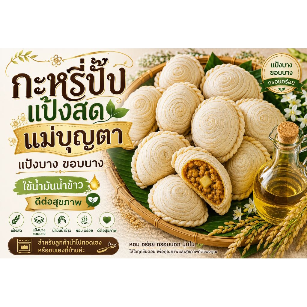 กะหรี่ปั๊บแป้งสด ใช้น้ำมันรำข้าว ใส่ถุงแยกชิ้นต่อชิ้นถุงละ12ชิ้น