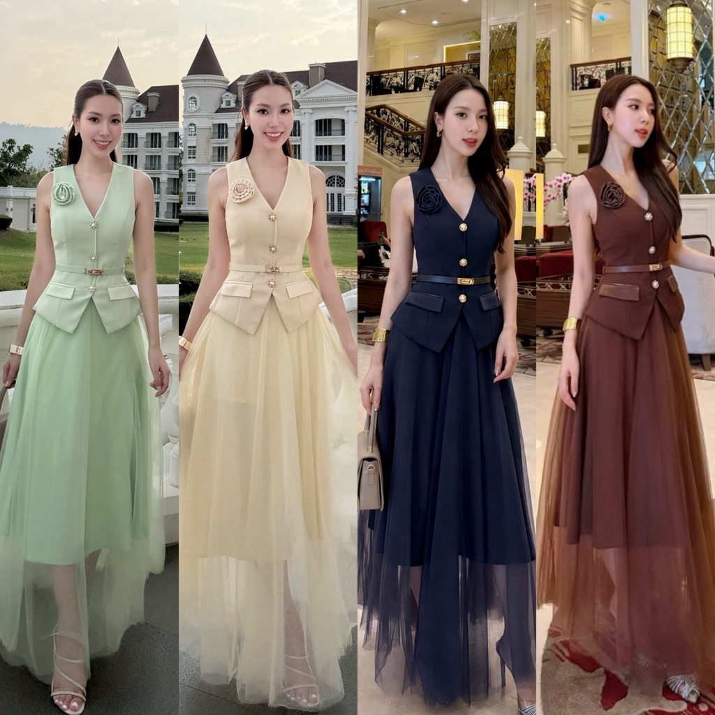 NABI•ชุดเซ็ต 2ชิ้น เสื้อแขนกุดคอวี แต่งกระดุมมุกด้านหน้า มาคู่กับกระโปรงยาวซับทั้งตัวแถมเข็มกลัดและเข็มขัด