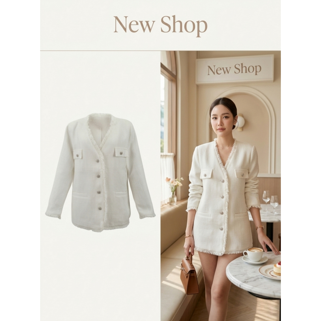 เสื้อคลุมทวิตผู้หญิงสีขาว กระดุมหน้าทรงสุภาพใส่ทำงาน